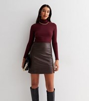 New Look Tall Dark Brown Leather-Look Split Hem Mini Skirt